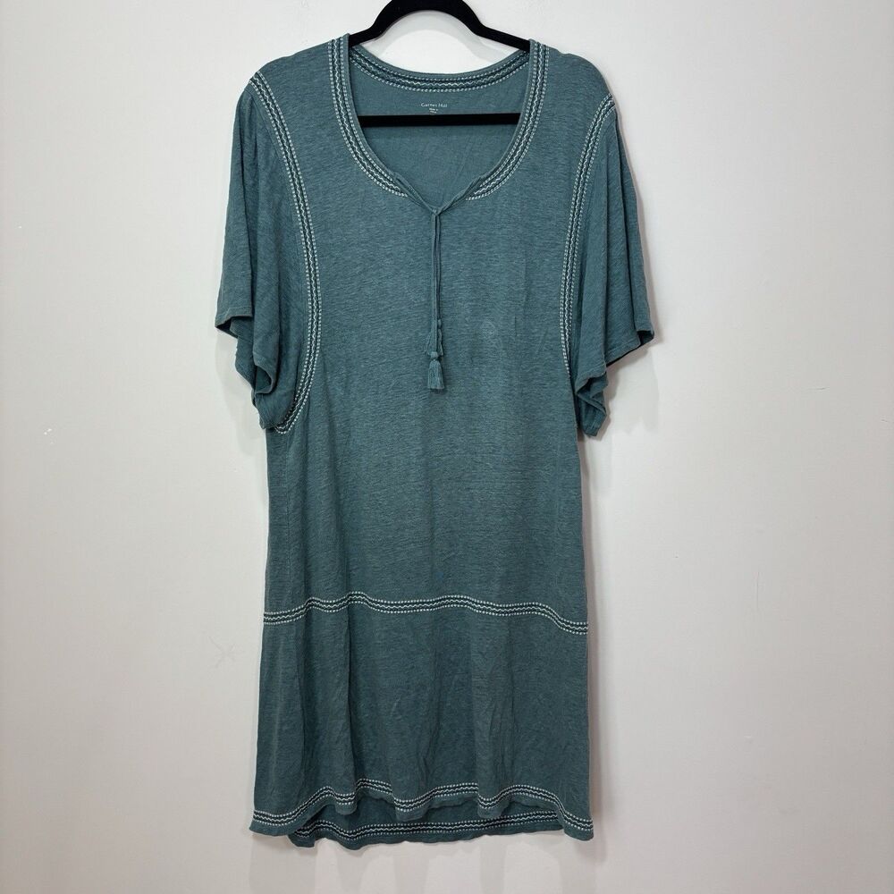 Garnet Hill Organic Cotton Dress M Teal Green Embroidered Relaxed Flowy Boho